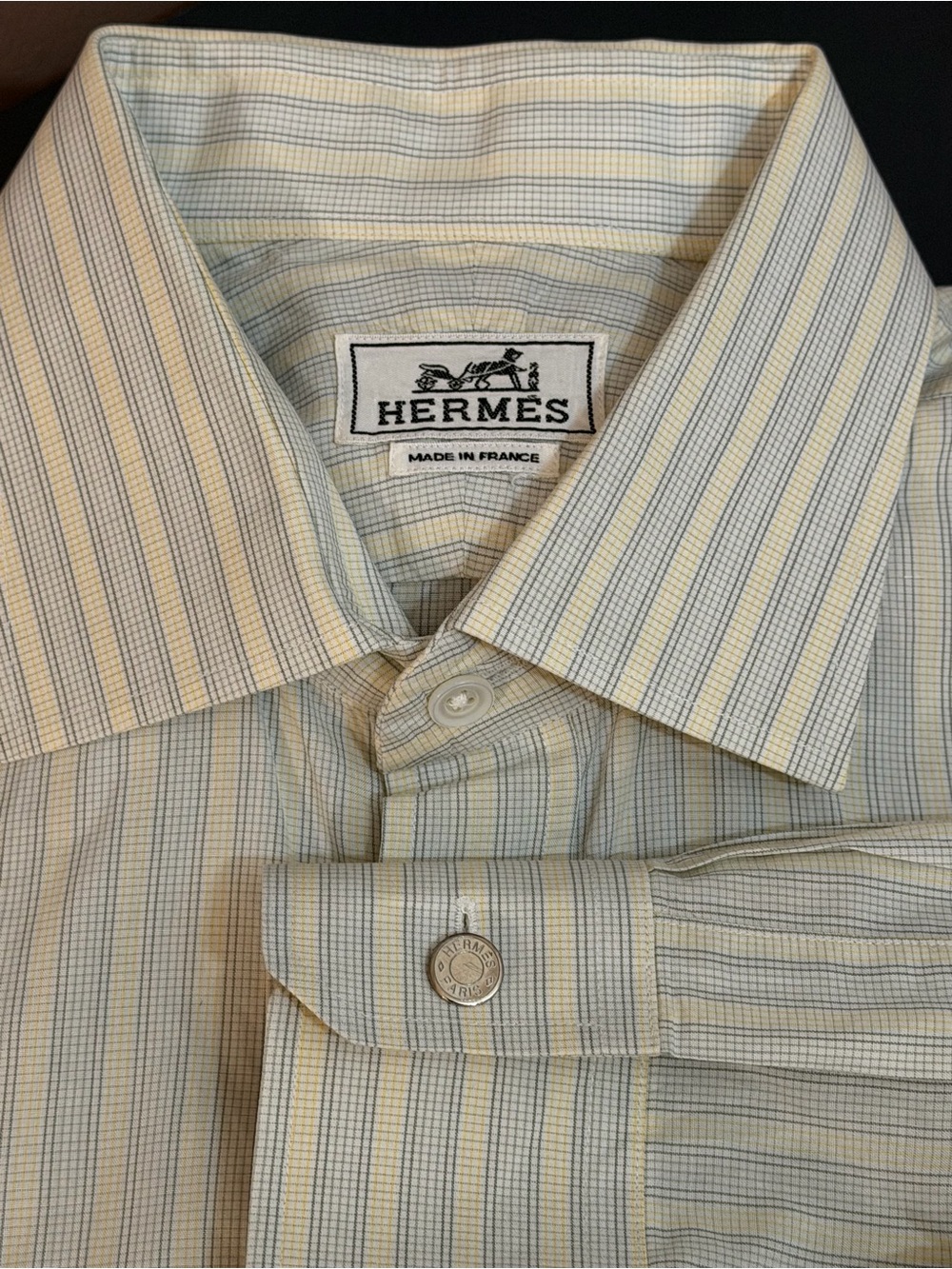 HERMÈS Men's White/Blue/Yellow Striped Cotton Button Dress Shirt 16 France